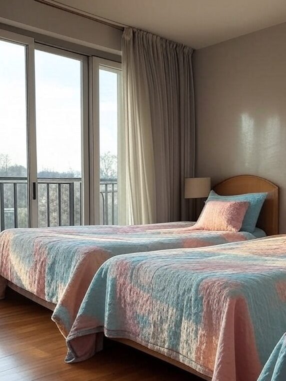 A bedroom with twins beds and sidling door