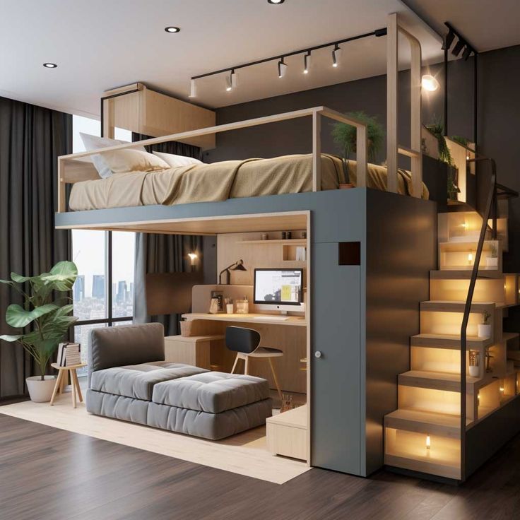 A loft bed with two tones and wooden stair and study table 