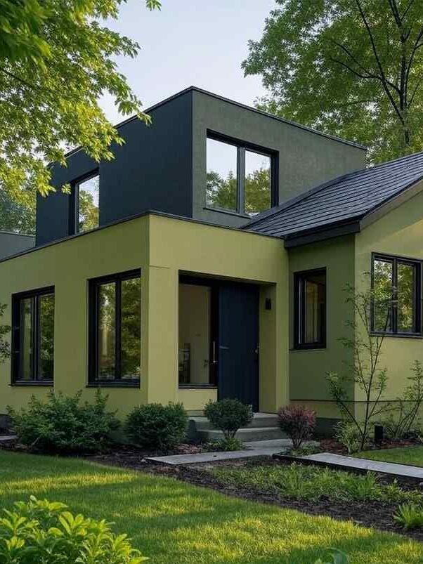 A sage green with dark green house with glass window 