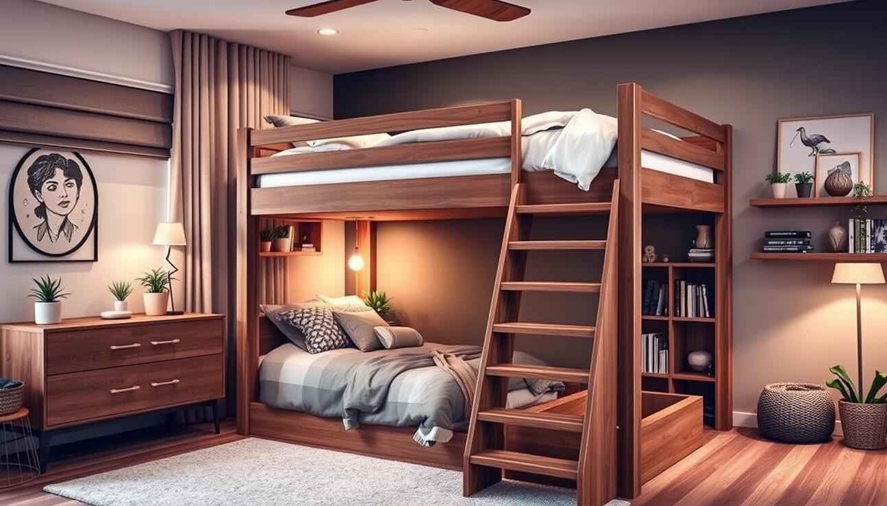 A bedroom with loft bed and stair and wooden floor and white rug on it 