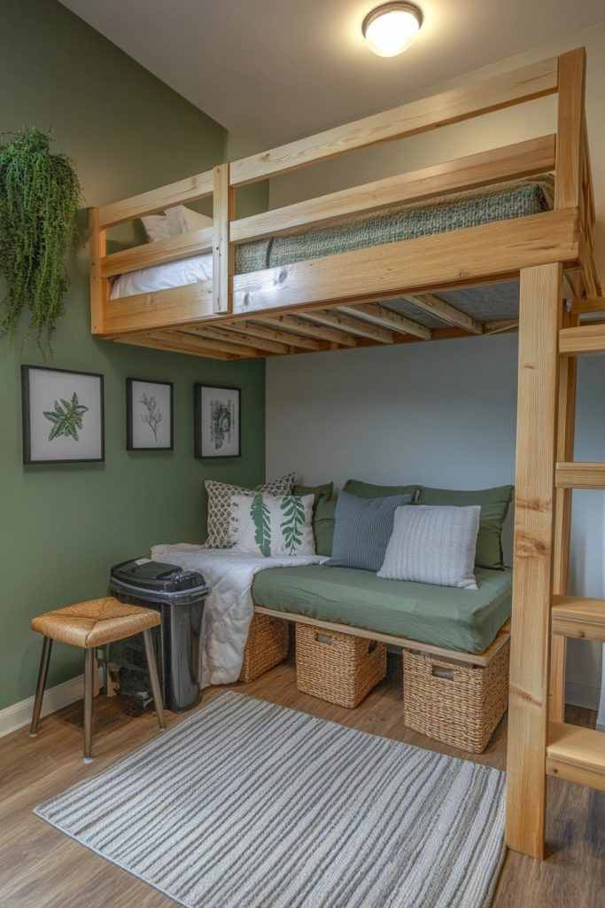 A sage green and white wooden loft bed and frame on the wall