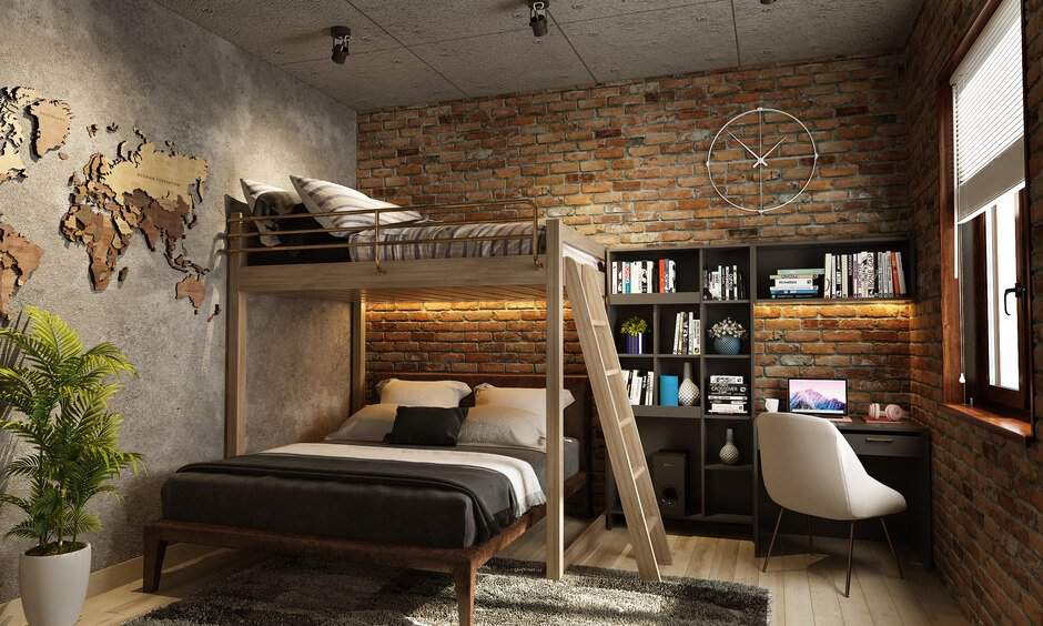 A loft bed with study table and book shelves and wooden floor and rug on it 