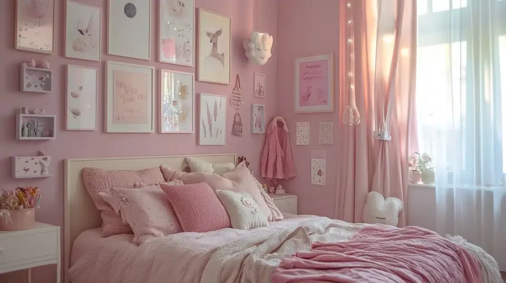 A pink bedroom with frames on the wall and windows and white curtain