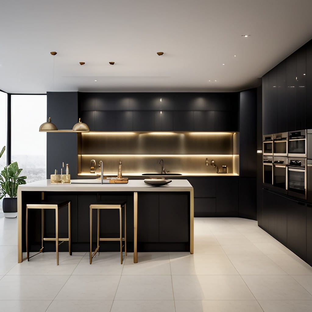 A black and gold kitchen with light above the wall