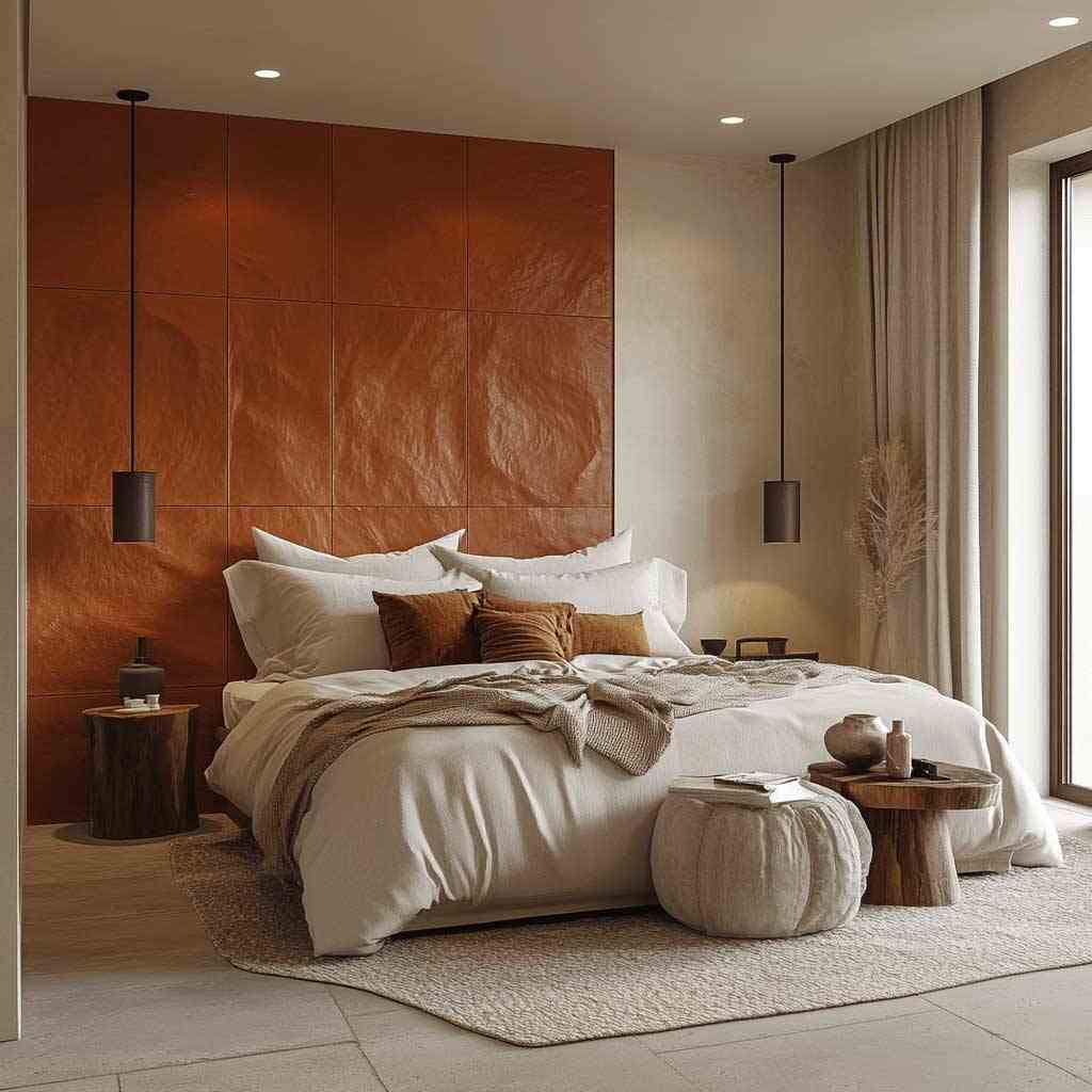 A terracotta bedroom with beige and white blankets and pillow and cushion and wooden table