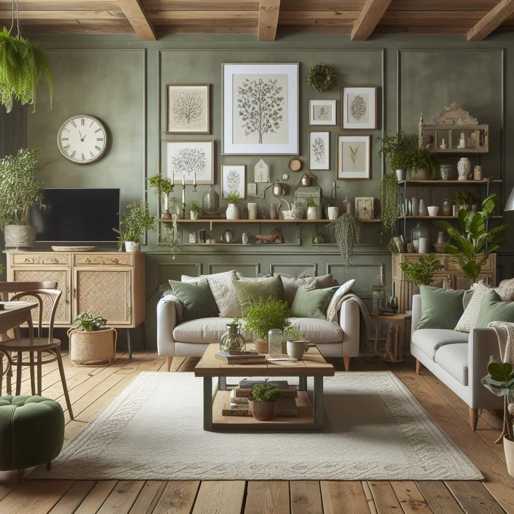 A sage green living room with frames on the wall and shelves and sofa with cushion 