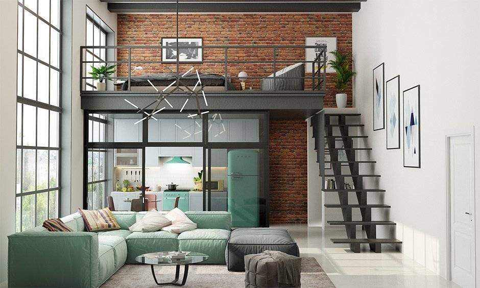 A industrial-style loft room with sofa and cushion and black metal stair 