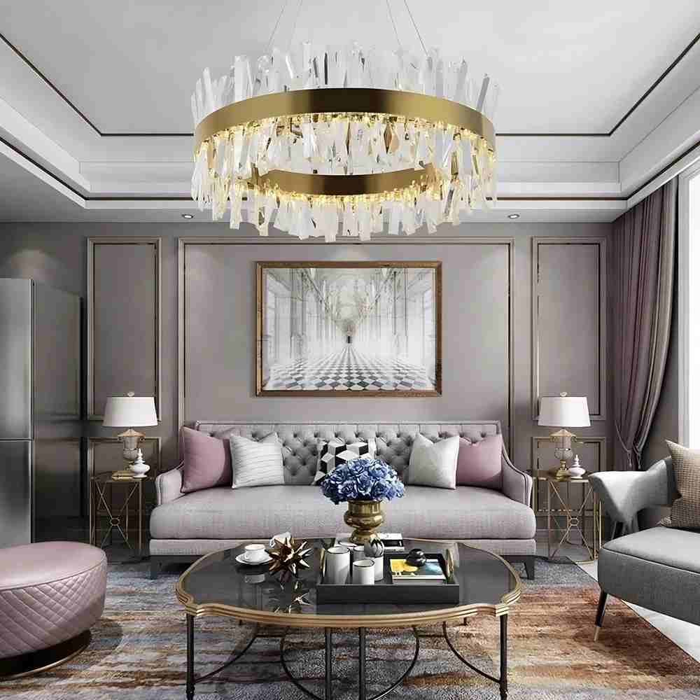 A grey living room with Crystal chandelier lamp on the side table