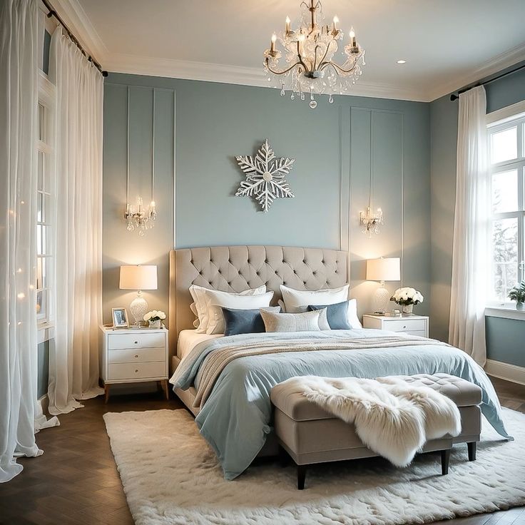 A crystal chandelier in light blue bedroom and white curtain and windows and wooden floor and rug on it