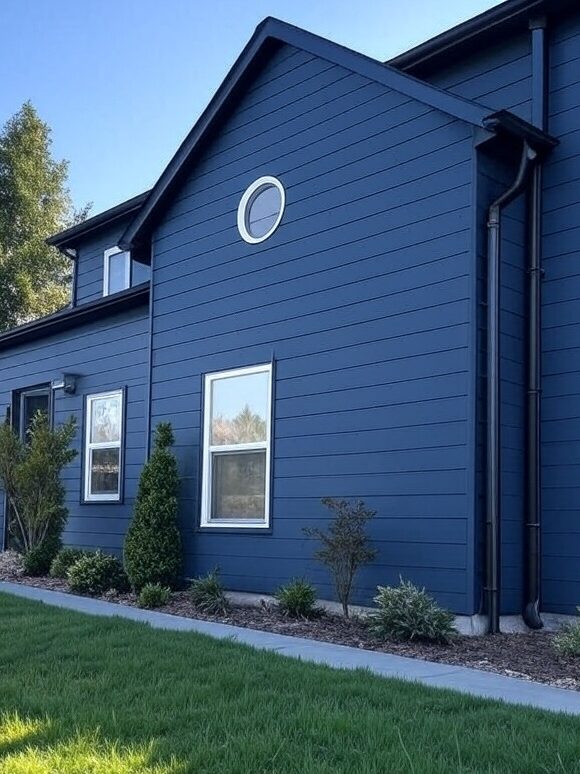 A blue house with windows and black gutter and garden outside of the house 