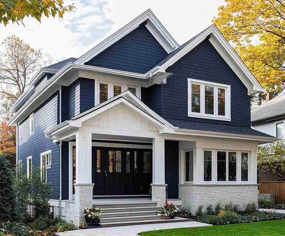 A blue house with white trim and windows and white pillars and black door