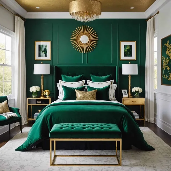 A bedroom with gold accents and wooden floor and rug on it 