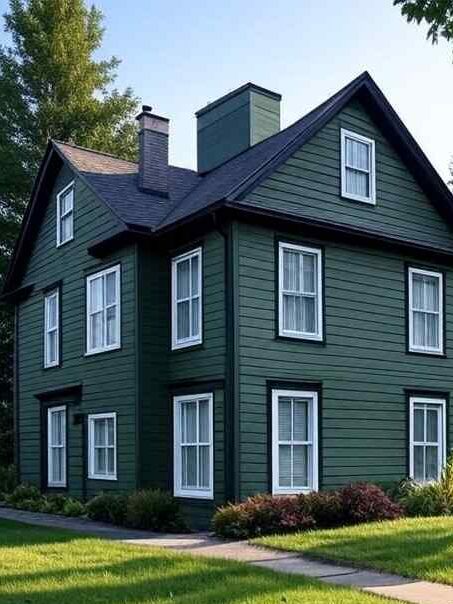 A green and black trim and white windows and garden of the house 