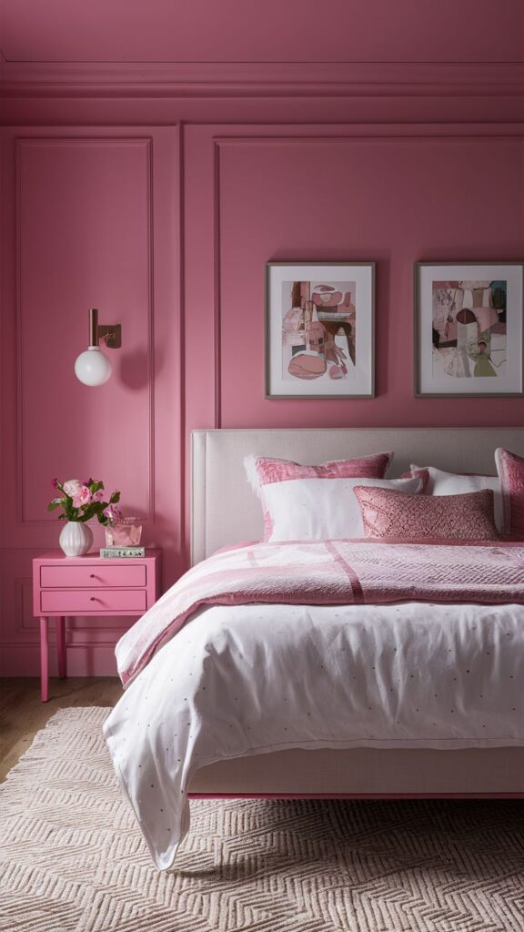 A pink bedroom with accents and bed with pink nightstand and wooden