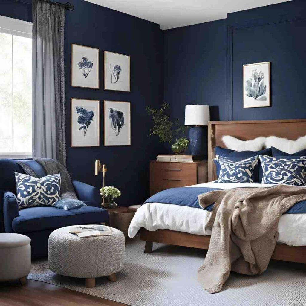 A navy blue bedroom with wooden bed and throw with pillow and cushion on the bed and blue vase on the side table