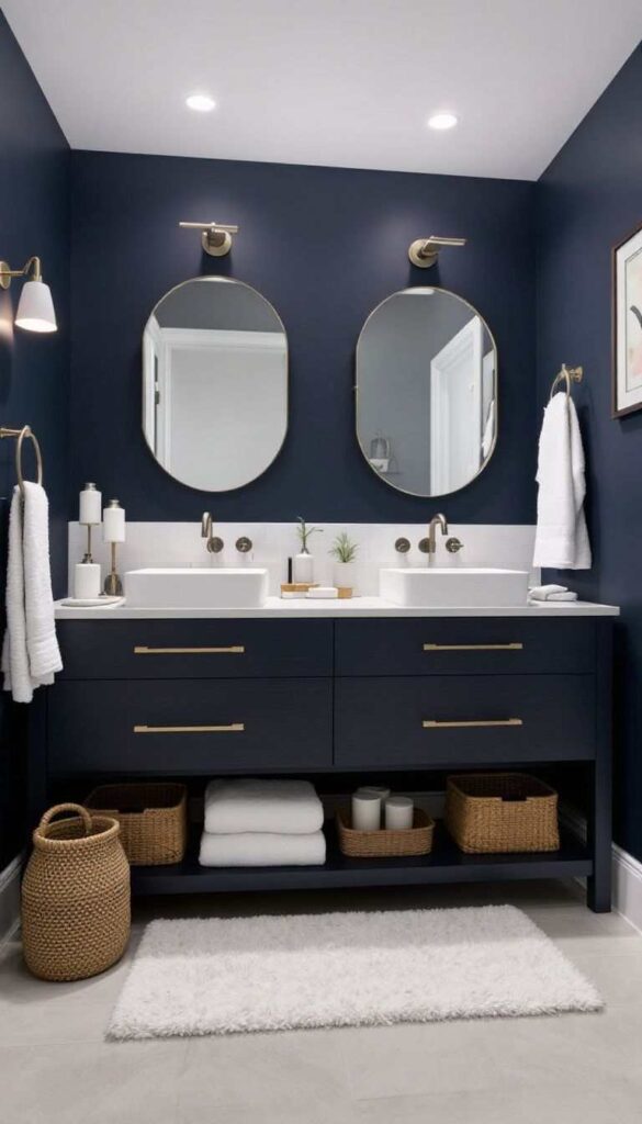 A navy blue vanity with white counter top and mirror on the wall and woven baskets 