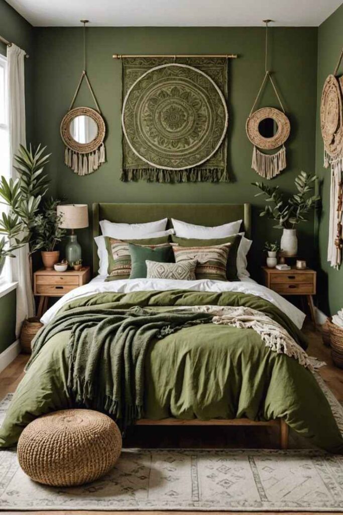 A green bedroom boho-style in olive green bedroom