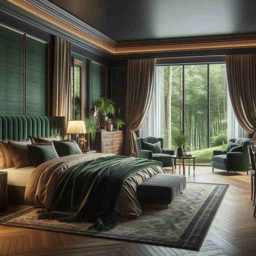 A green bedroom with wooden floor and sofa and table 