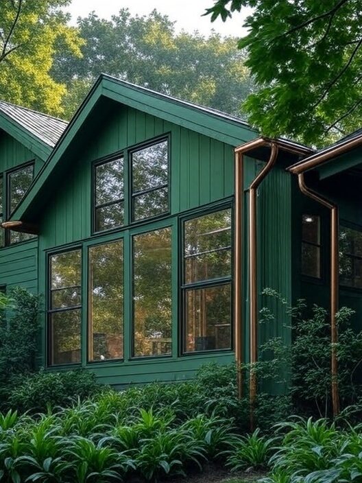 A green house with copper gutters and glass windows