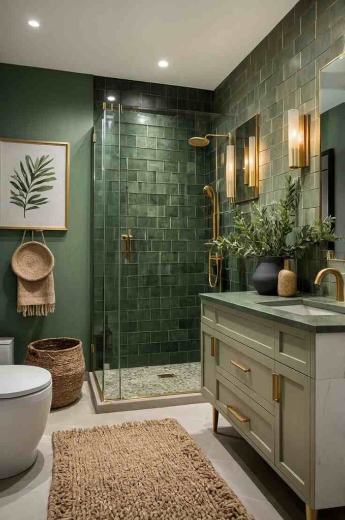 A green bathroom with glass shower and white floor with rug on it