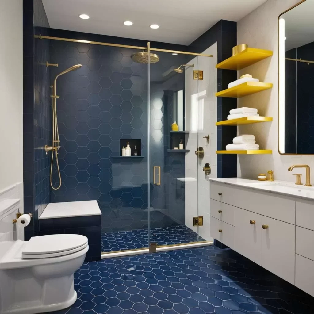A navy blue tiles with glass shower and blue flor and white vanity