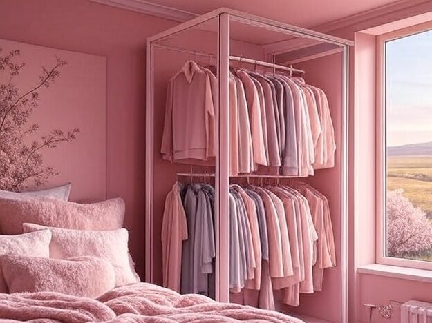 A pink bedroom with glass wardrobe and windows