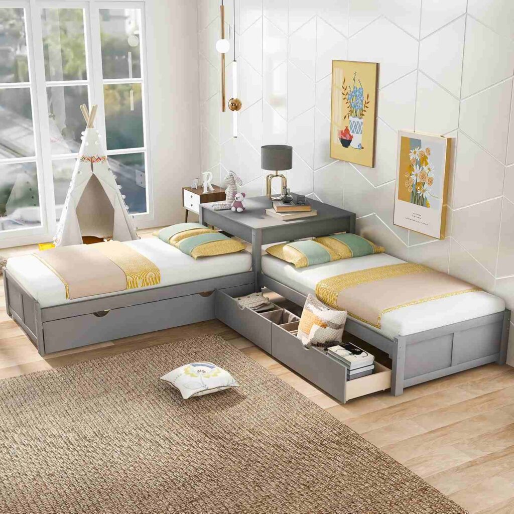 A bedroom with L shaped bed and windows and accents wall 