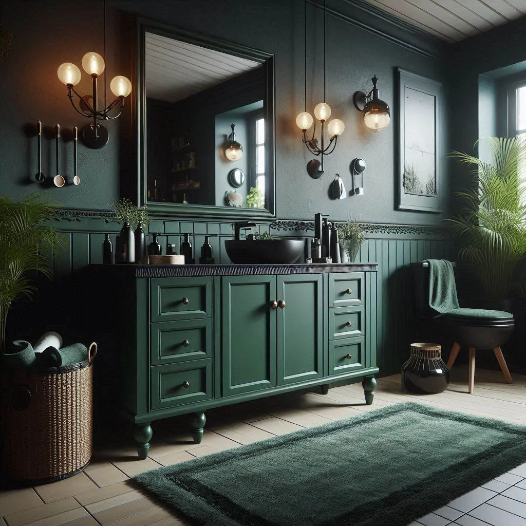 A green bathroom with cabinets and wooden floor and mirror on the wall