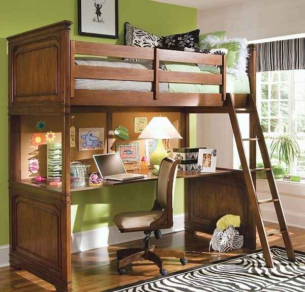 A loft bed with study table and wooden floor and window 