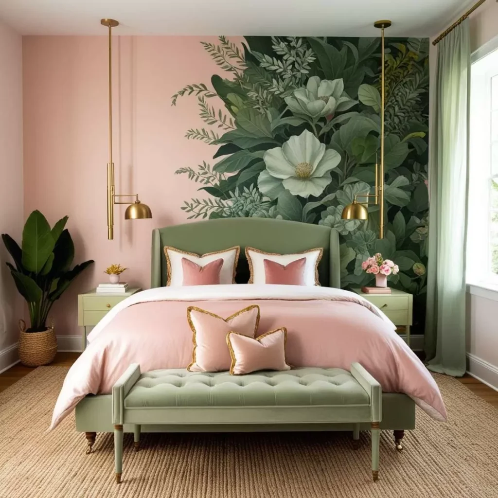 A sage and pink bedroom with wallpaper and woven rug on the floor 