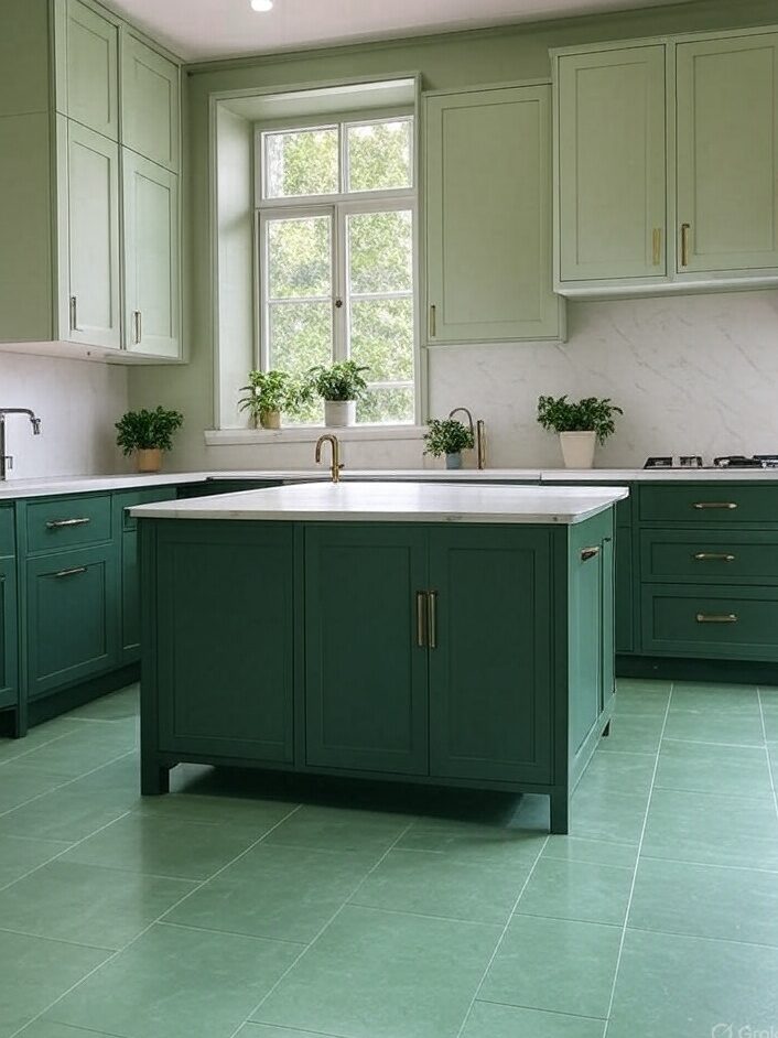A sage green and dark green cabinets and white counter on island 