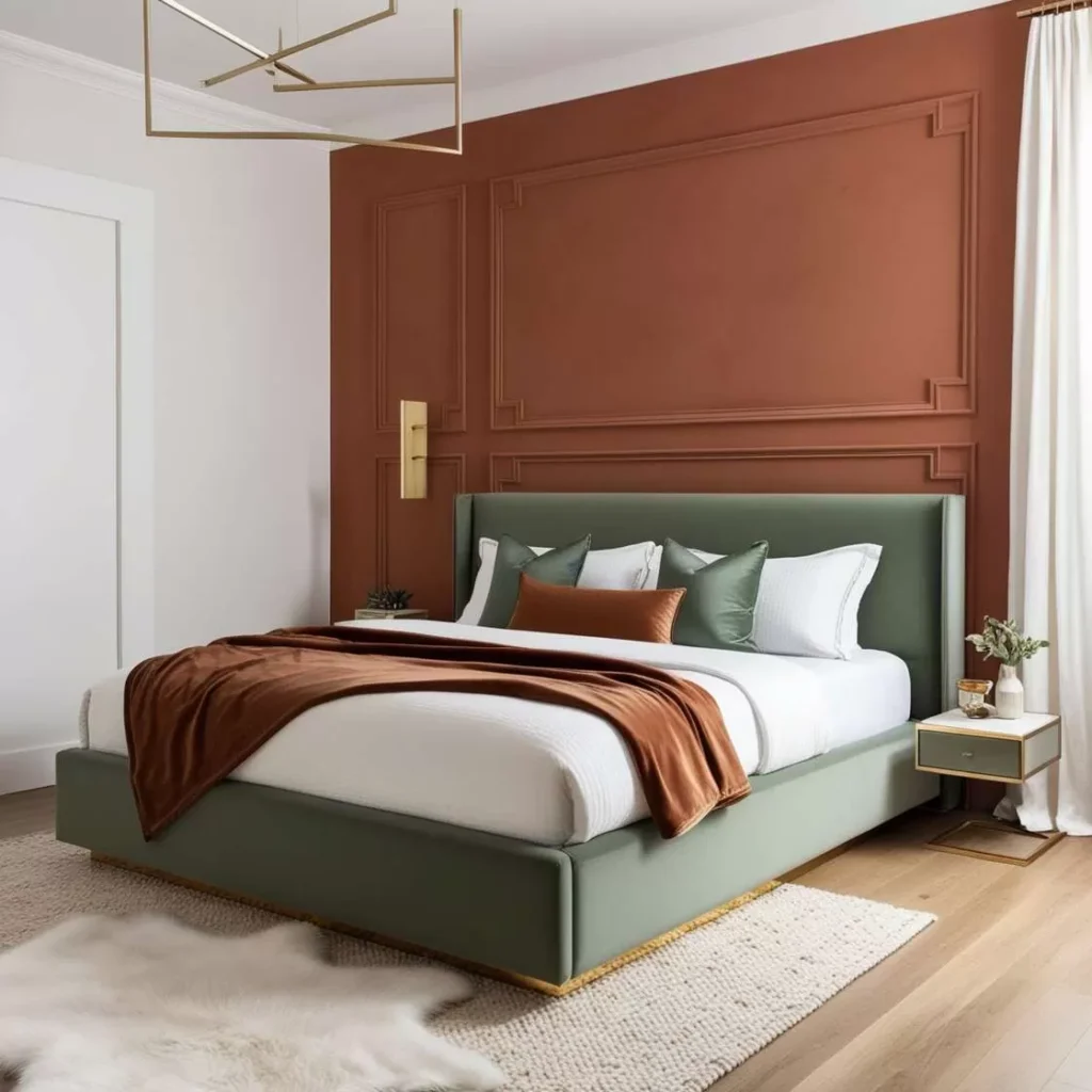 A terracotta bedroom with green bedding and wooden floor