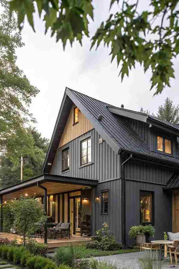 A grey house with black trim and wooden accents and glass windows 