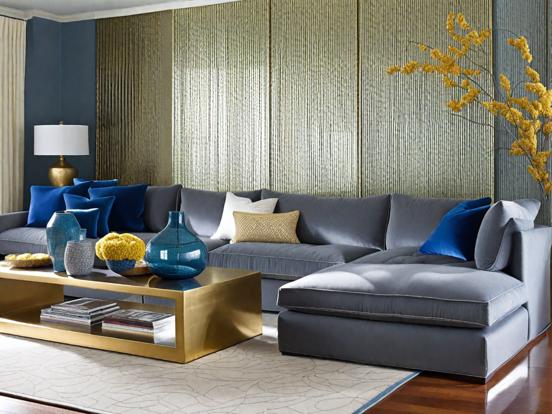 A navy blue and grey living room with gold accent