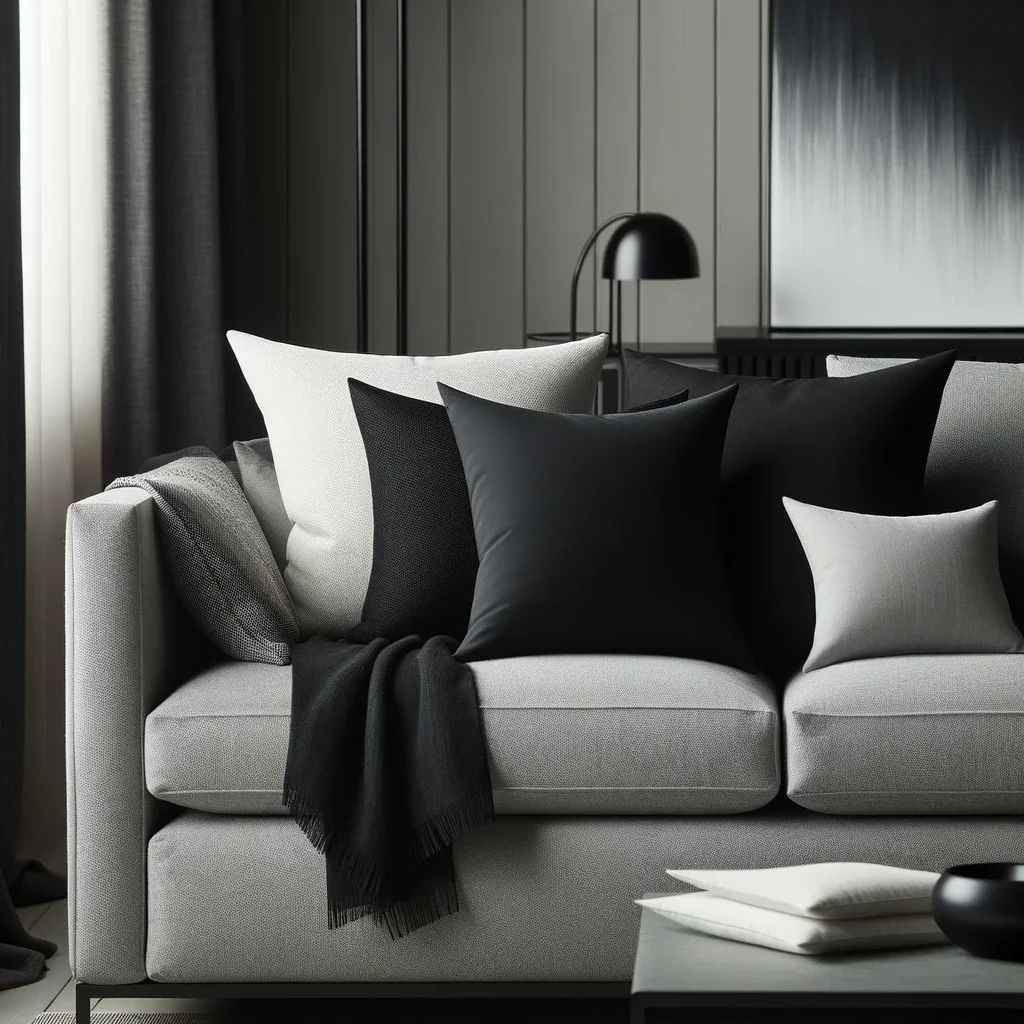 A living room with grey sofa and black pillow and grey throw and lights
