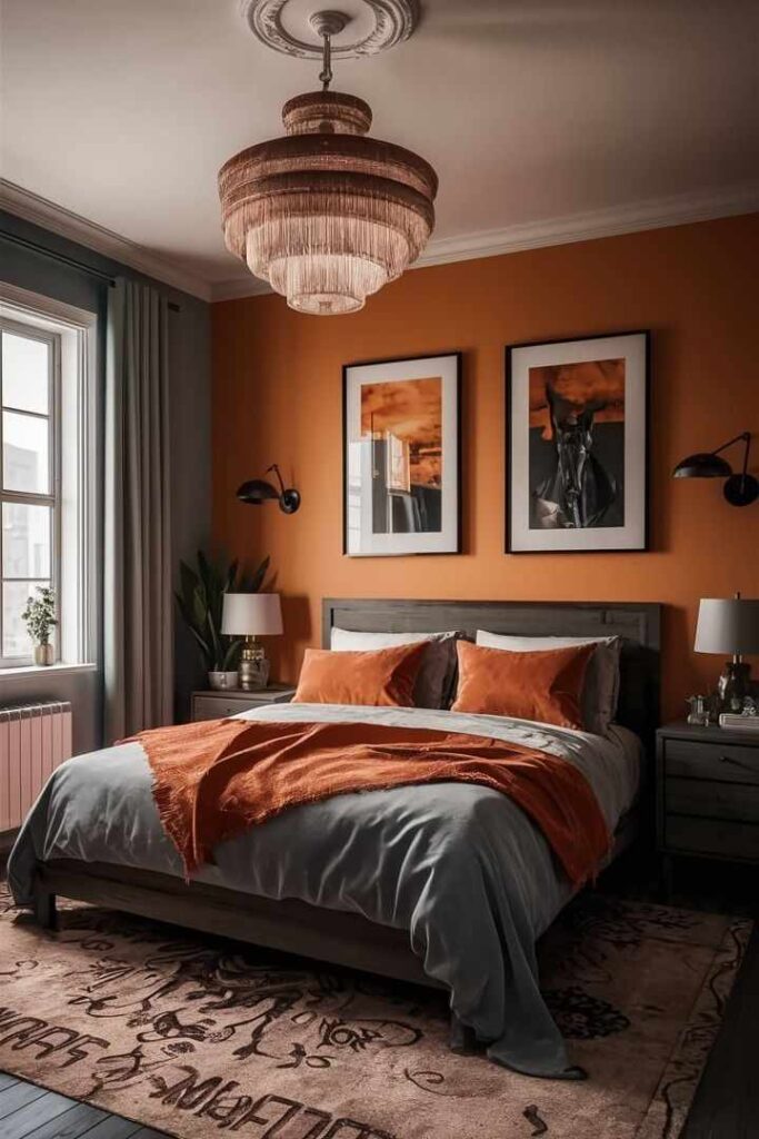 A terracotta bedroom with black frames on the wall