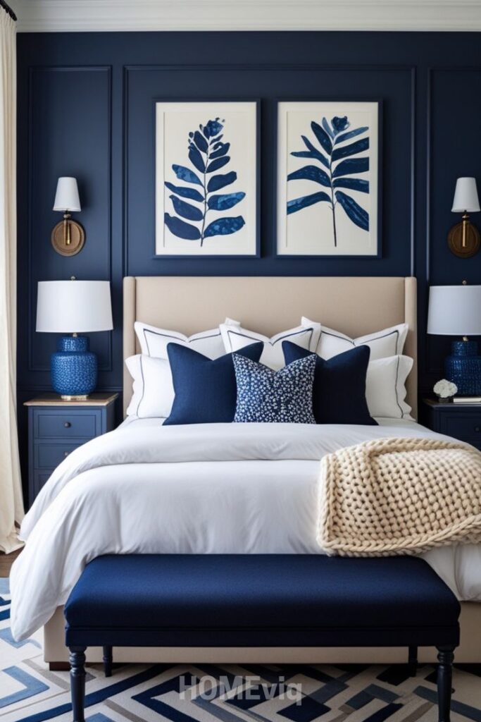 A navy blue bedroom with white and blue frames and white blankets and pillow