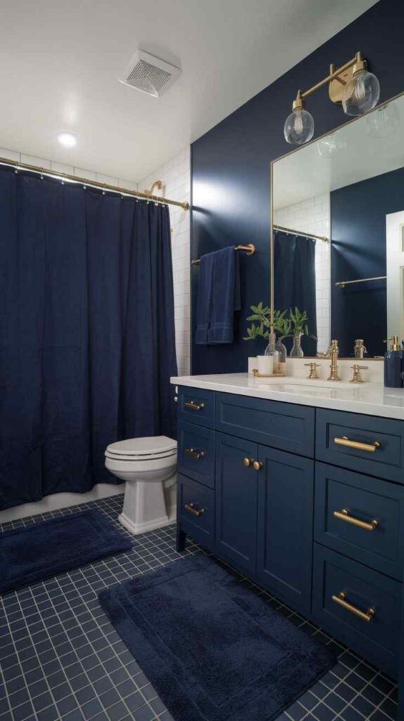 A bathroom with blue curtains and white and blue floor and vanity 