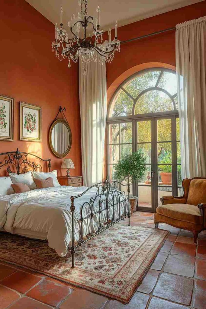 A terracotta bedroom with ivory curtains and iron framed bed