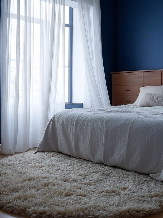 A navy blue bedroom with white sheer curtains and wooden floor and rug on it