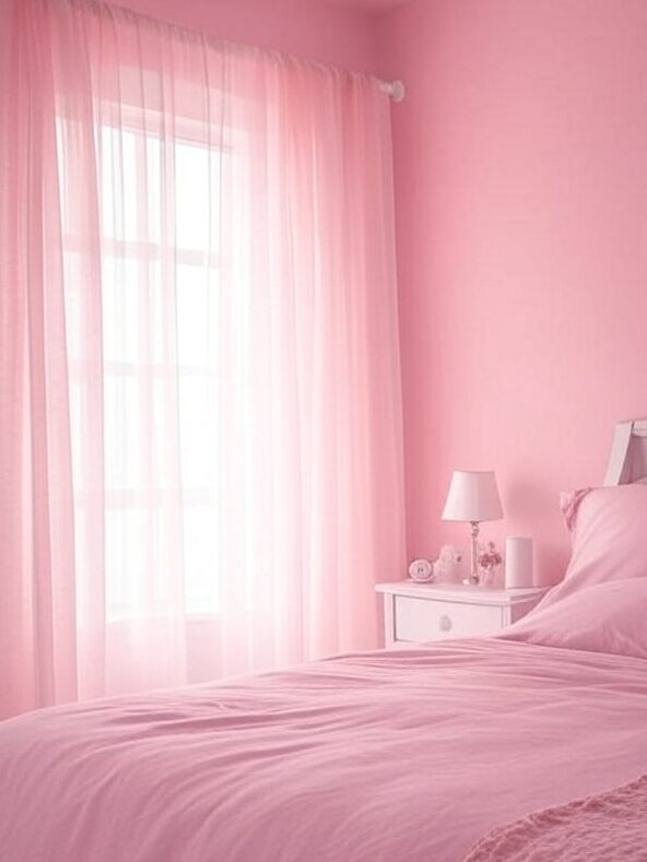 A pink bedroom with sheer pink curtains and white rod