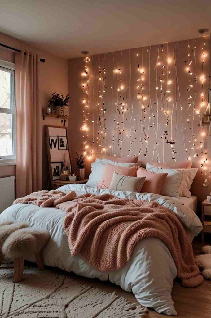 A pink bedroom with string light in the room and pink curtain with white windows