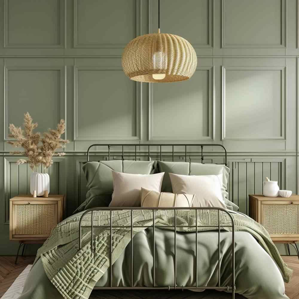 A sage green bedroom with woven pendent iron bed frame and sage blanket with pillow