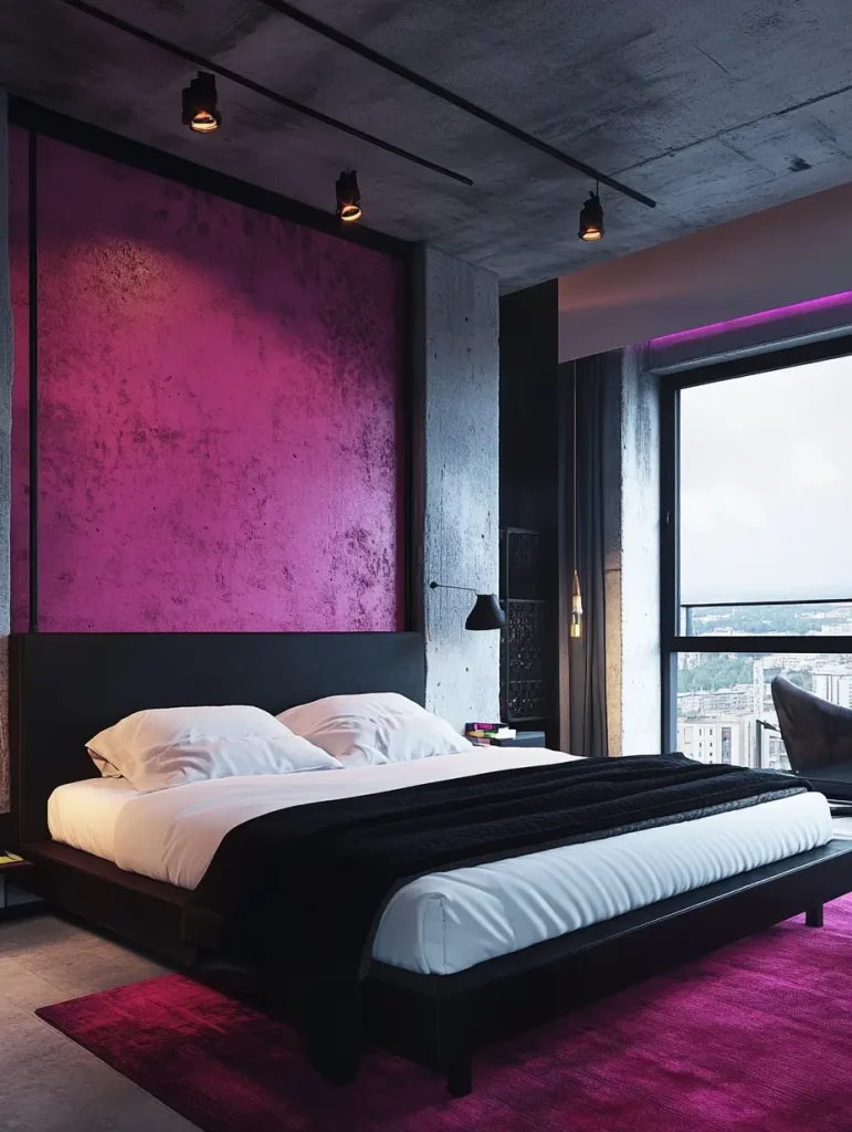 A pink bedroom with black accents and pink rug on the floor