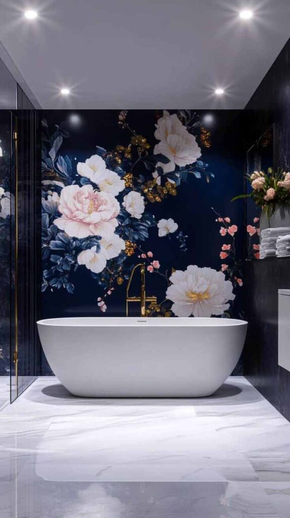 A blue bathroom with floral pattern and white bathtub and floor 