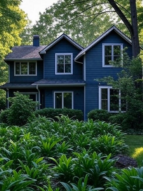 A navy blue house with white trim and windows and garden outside of the house