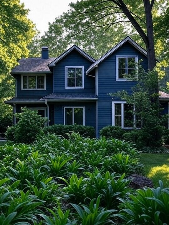 A blue house with white trim and gutters and garden outside of the. house 
