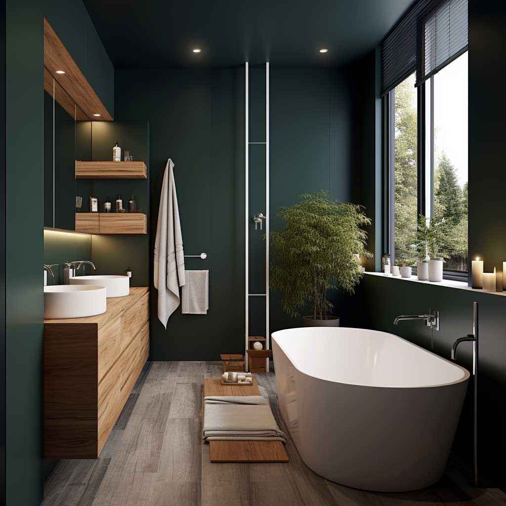 A bathroom with plants in the bathroom and white bathtub and wooden vanity and white sink