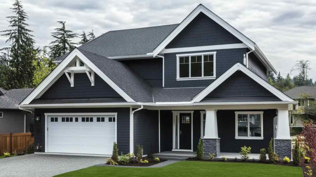 A grey house with white trim and white garage door and glass windows and garden outside of the house 