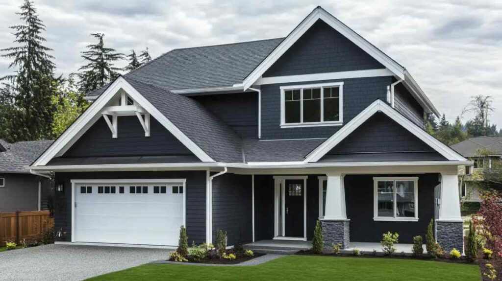 A light grey house with white trim house with white garage door garden outside of the house